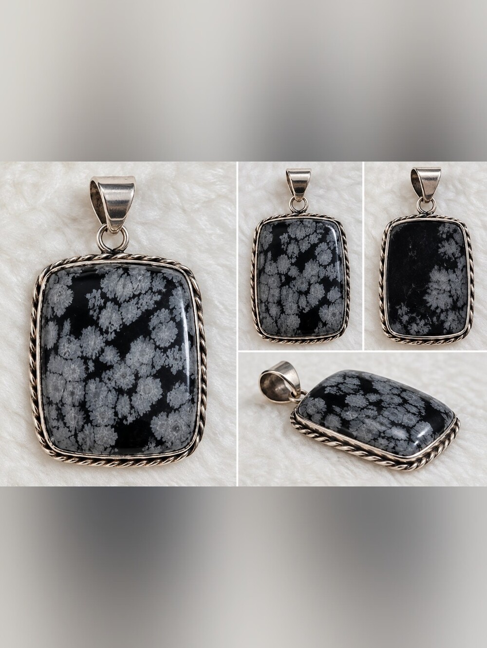 Snowflake Obsidian Pendant Black & Gray Stone Silver Tone 1.25